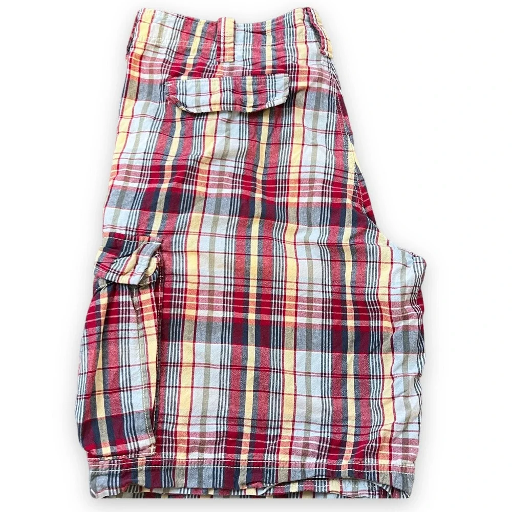 VTG Ralph Lauren Polo Jeans Madras Cargo Shorts Mens 38 Plaid Red Preppy Coastal